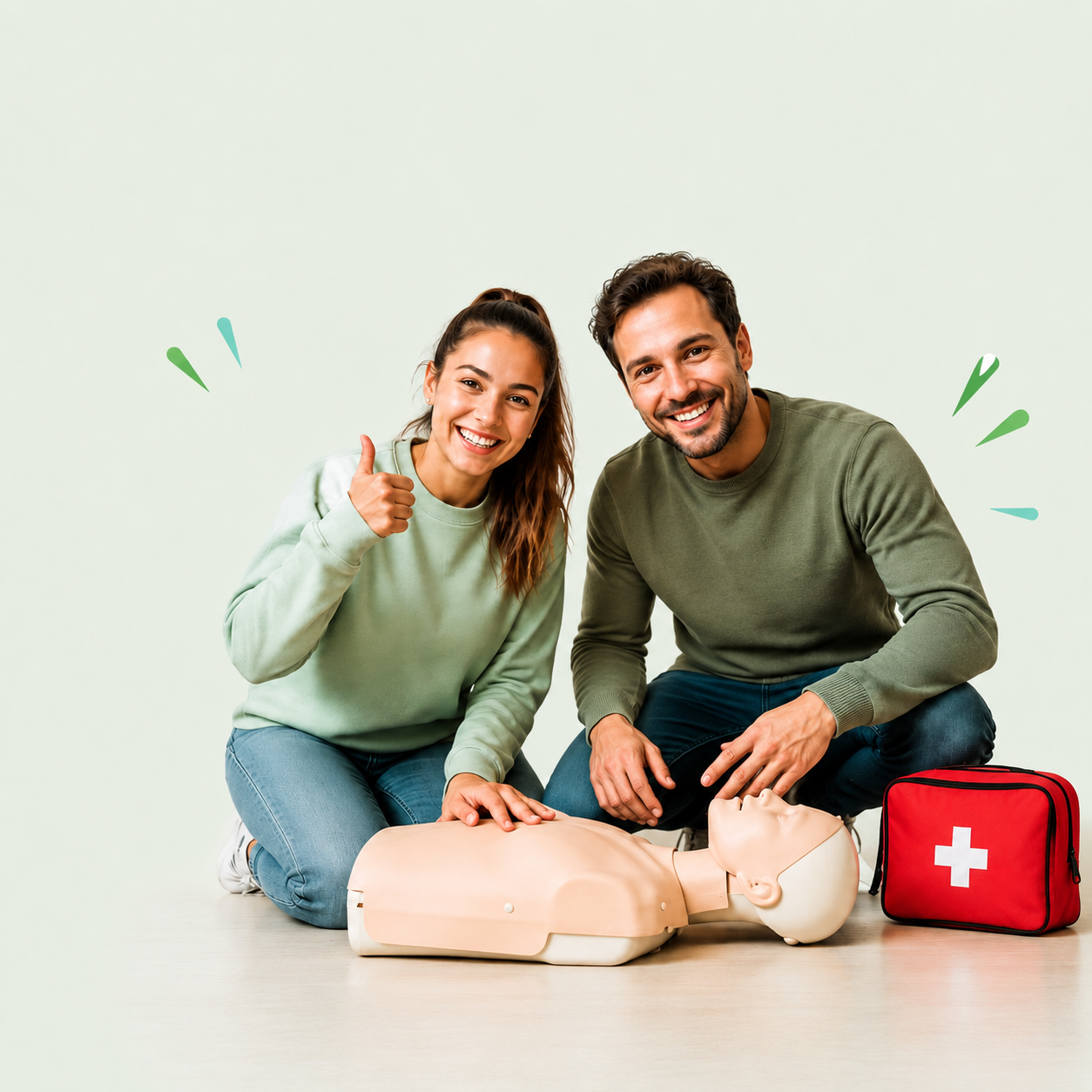 Cours de premiers secours à Genève : un moniteur et une élève souriants s'entraînent au massage cardiaque sur un mannequin de réanimation, avec une trousse de secours à croix blanche posée à côté d'eux.